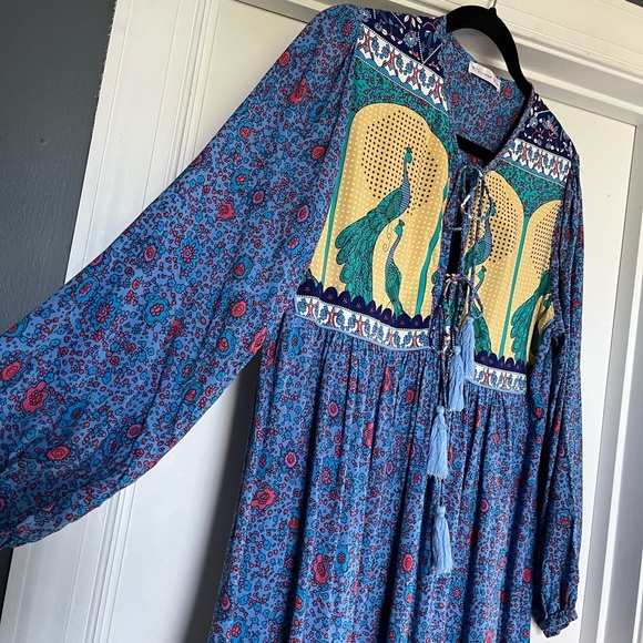 R. Vivimos Boho Festival Midi Blue/Yellow Peacock Print Dress Womens Sz L EUC - Picture 3 of 15